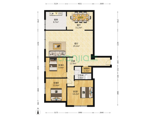 汇友花园 3室2厅1卫 149平方