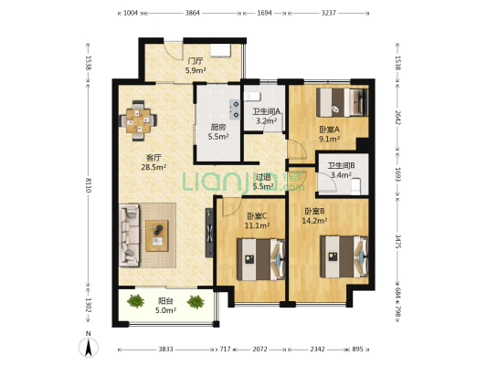 海峡城云玺湾 3室1厅2卫 117平方