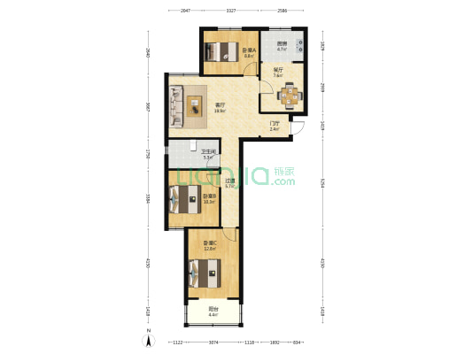 卓昱西苑 3室2厅1卫 119平方