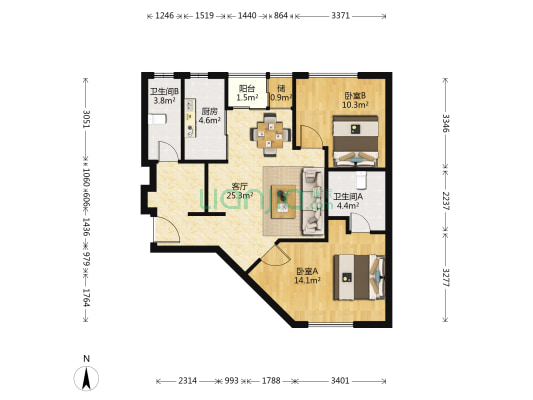 绿地海怡公寓 2室1厅2卫 96平方