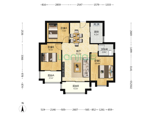 京口岩居住小区二期 3室1厅1卫 88平方
