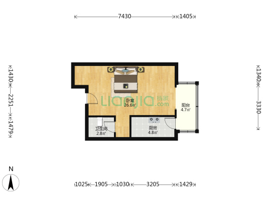 四季橙东向精装一居室,户型方正，采光充足。-户型图
