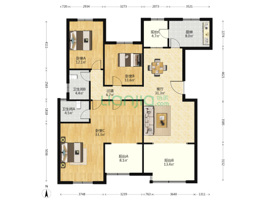 湘核新家园 3室1厅2卫 158平方
