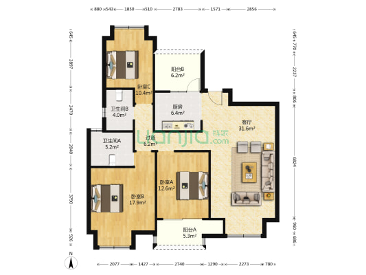 屏溪佳苑 3室1厅2卫 126平方