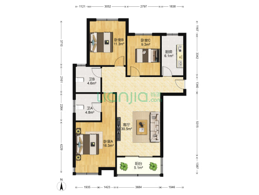 西湖水岸 3室1厅2卫 125平方