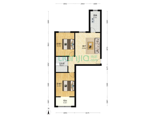 107国道  水榭春天 南北通透两居室  有装修低楼层-户型图