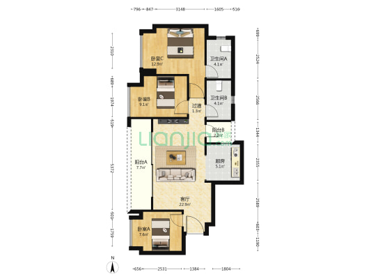 保利时区星宸 3室1厅2卫 89平方
