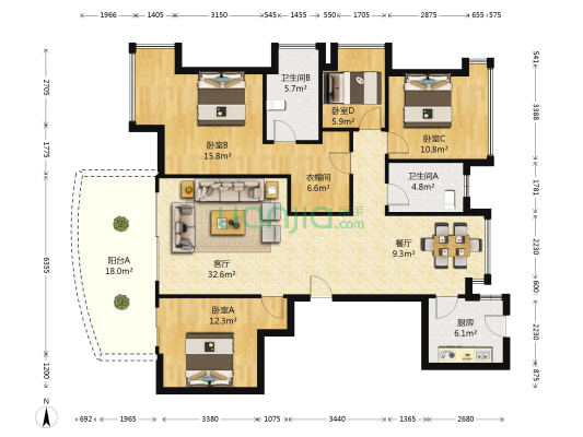 万达茂·江山云邸 4室2厅2卫 143平方