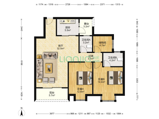 小塆家园 2室1厅2卫 109平方