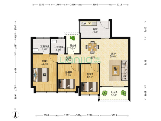 顺府江南 3室1厅2卫 90平方