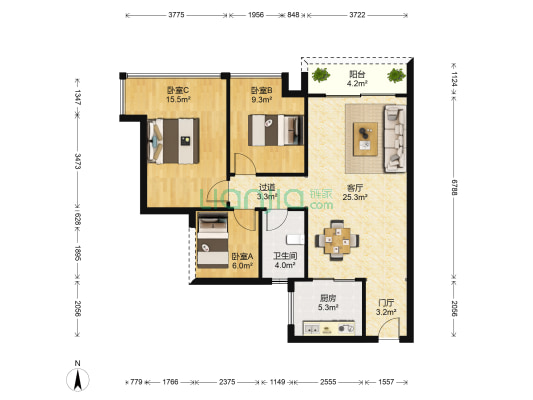 海逸桃源花园 3室1厅1卫 91平方