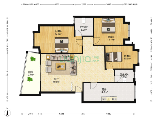 湘山银都 3室1厅2卫 128平方