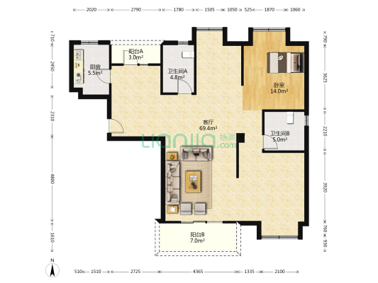 东沙公寓 1室1厅2卫 133平方