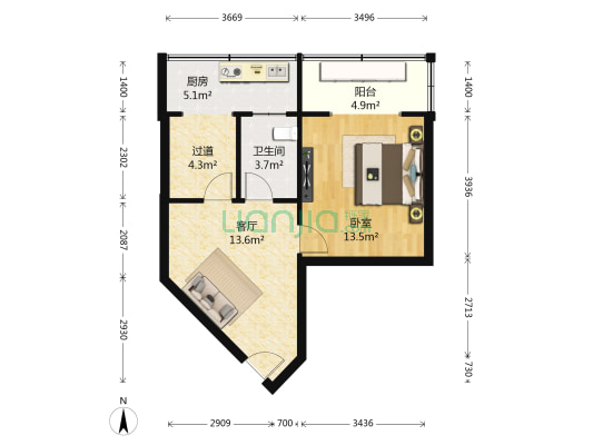 金燕住宅西院 1室1厅1卫 58平方