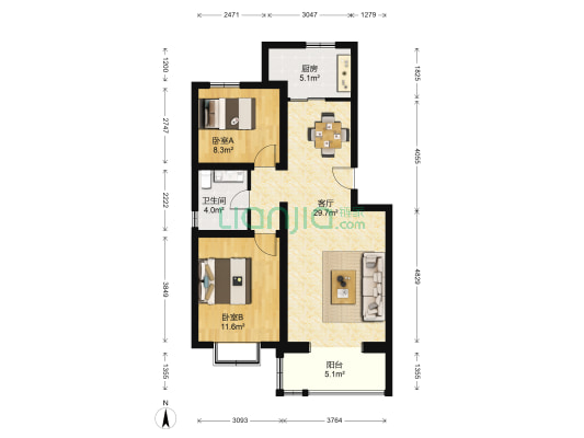 京艺天朗雅园 2室1厅1卫 86平方