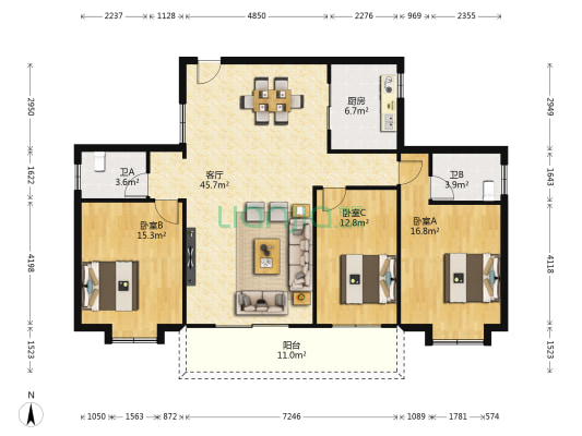 西池小区 3室1厅2卫 129平方