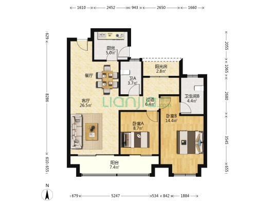 运东名著花园 2室1厅2卫 105平方