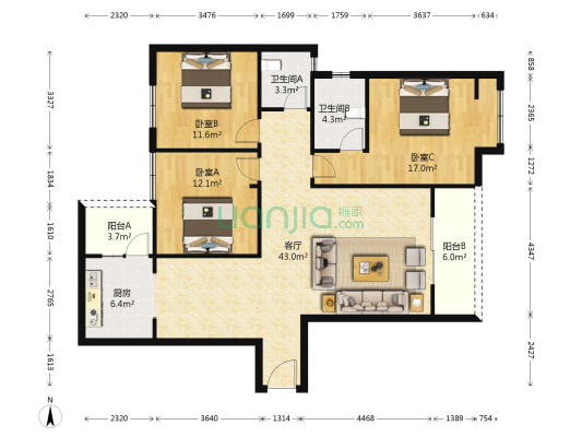 雅砻阳光花园 3室1厅2卫 136平方