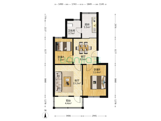 紫园路37号 2室2厅1卫 65平方