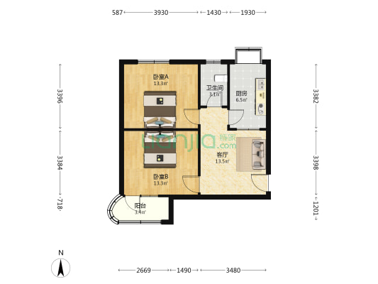 杜岭街115号院 2室1厅1卫 65平方