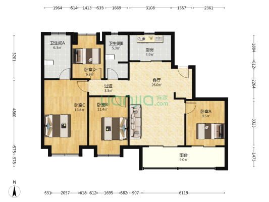 中国铁建花语天境 4室1厅2卫 142平方