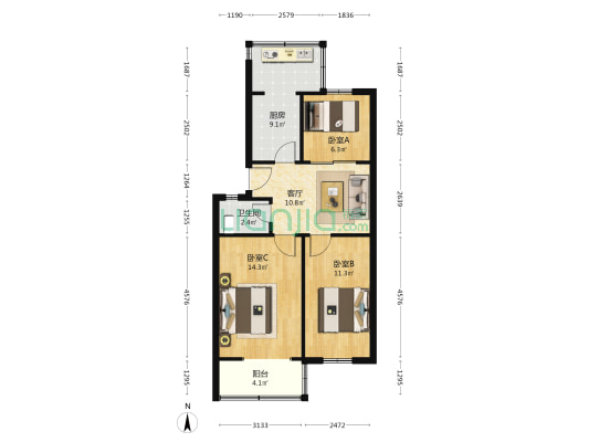 医药小区 3室1厅1卫 69平方