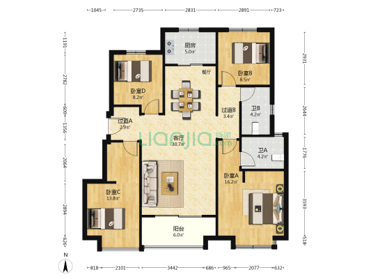 美的美慈园 4室1厅2卫 125平方