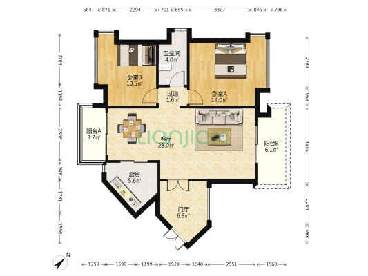 紫园B区 2室1厅1卫 92平方