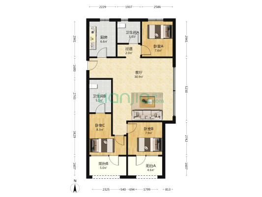 龙湖上合壹号 3室1厅2卫 108平方