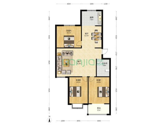 家和小区B区 3室2厅1卫 130平方