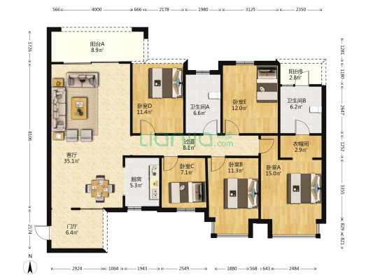 绿地雅典郡 5室1厅2卫 155平方