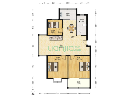 月亮湾雅苑 3室1厅1卫 122平方