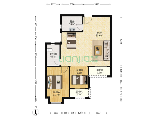美联城观 2室1厅1卫 86平方
