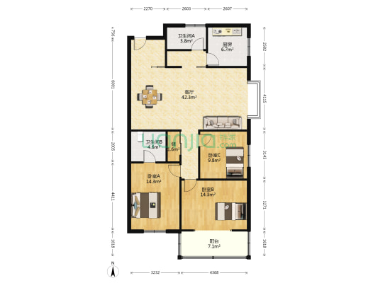 烟草研究院家属南院 3室1厅2卫 130平方