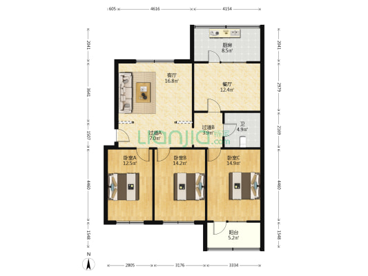 怀特小区 3室2厅1卫 120平方