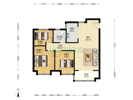 万达·外滩壹号 3室1厅1卫 99平方