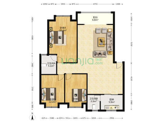 水云天小区 3室1厅2卫 133平方