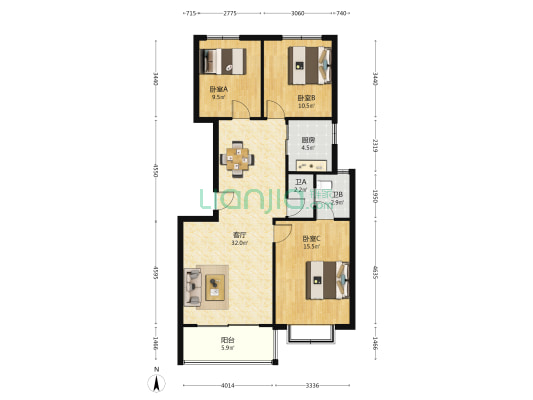 汇贤居 3室1厅2卫 109平方