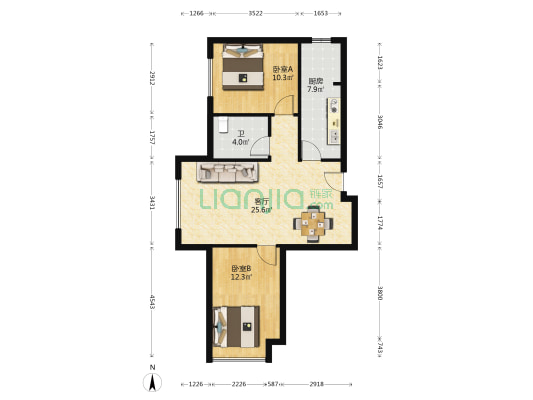 东都幸福里小区 2室1厅1卫 86平方