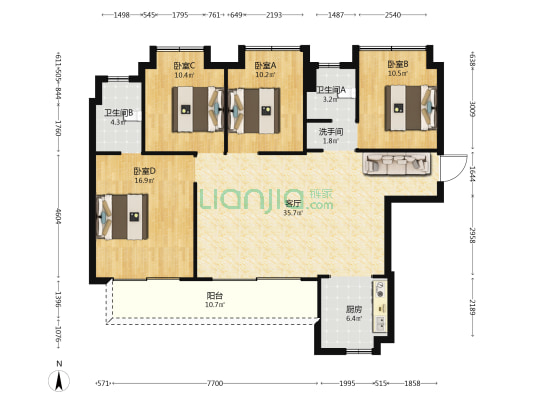 正源荟三期珑园 4室1厅3卫 140平方