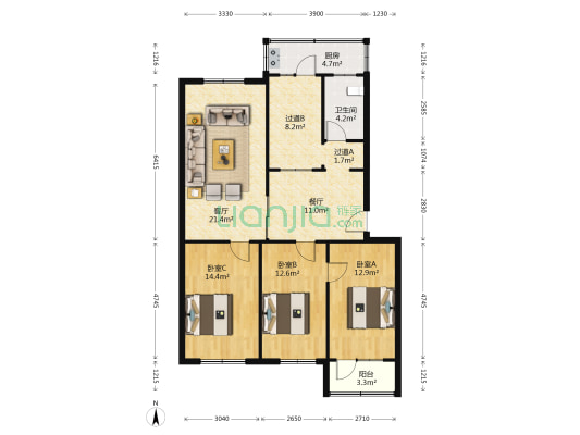 北海楼 3室2厅1卫 123平方
