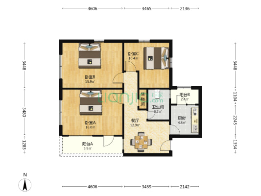 中科小区(长宁) 3室1厅1卫 87平方