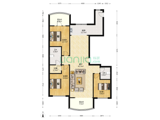 四季上东三期 3室1厅2卫 148平方