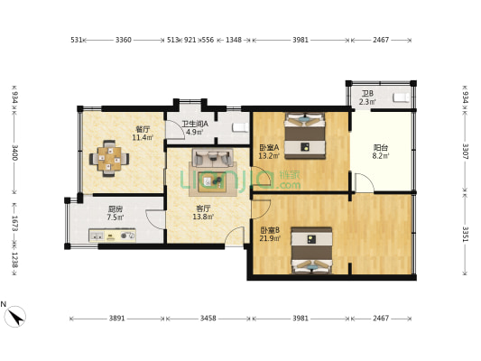 大庆东路商务局家属院 2室2厅2卫 83平方