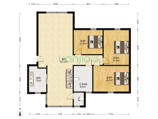 紫金花园 3室1厅2卫 136平方
