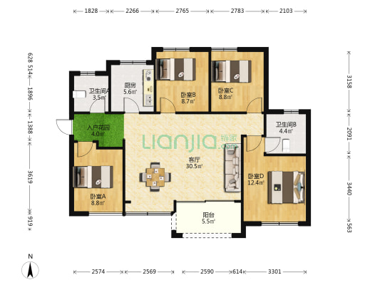金地天润自在城二期 4室1厅2卫 100平方