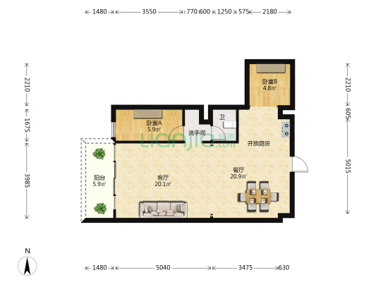 米兰国际 2室2厅2卫 83平方
