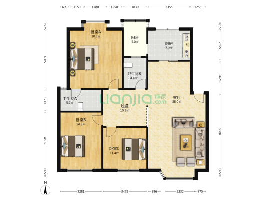 润嘉花园 3室1厅2卫 137平方