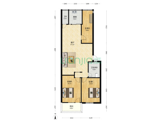 市规划局宿舍 3室1厅2卫 107平方