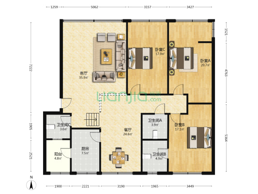 化工局宿舍 3室2厅3卫 153平方